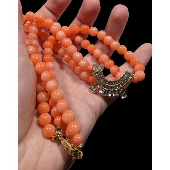 Vintage Salmon Tone Beaded Rhinestone Accent Beaded Necklace - Picture 5 of 6